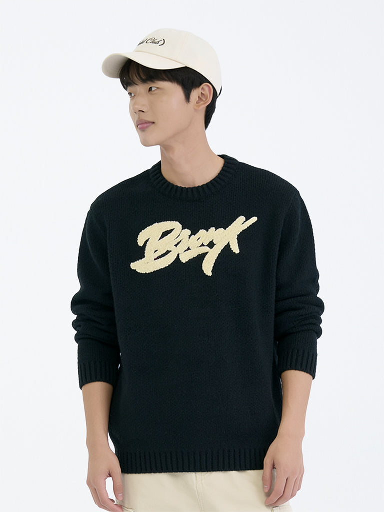 Boys Black Text Embroidered Knitted Sweater