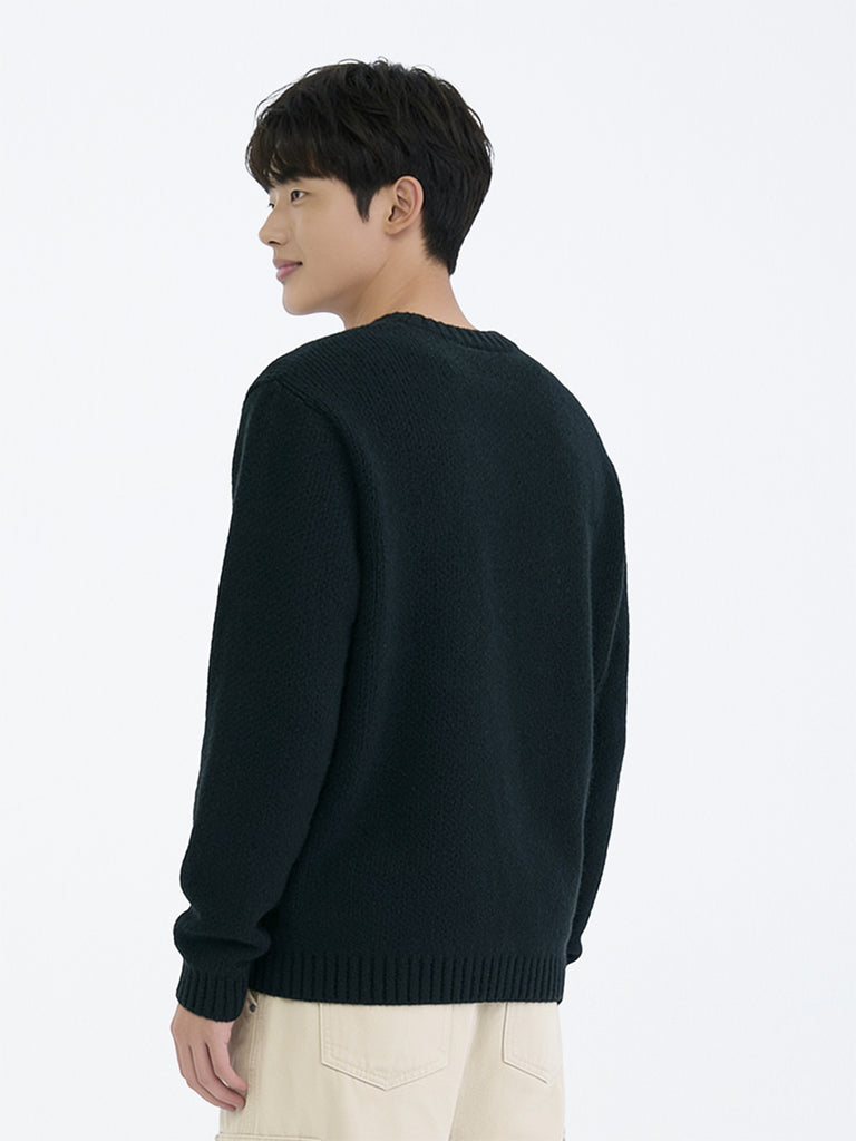 Boys Black Text Embroidered Knitted Sweater