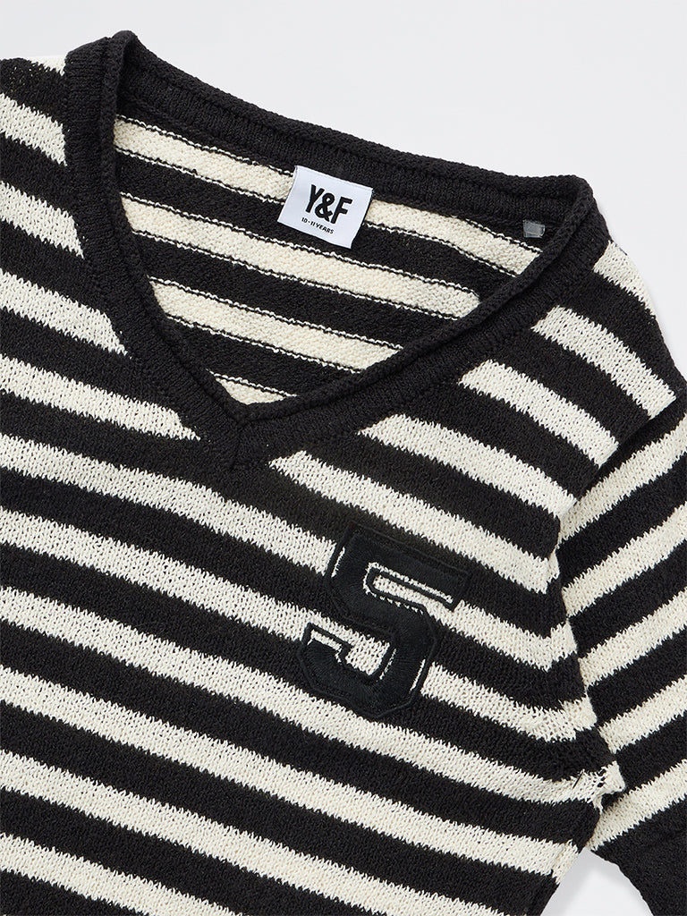 Girls Black Striped Cotton-Blend T-Shirt