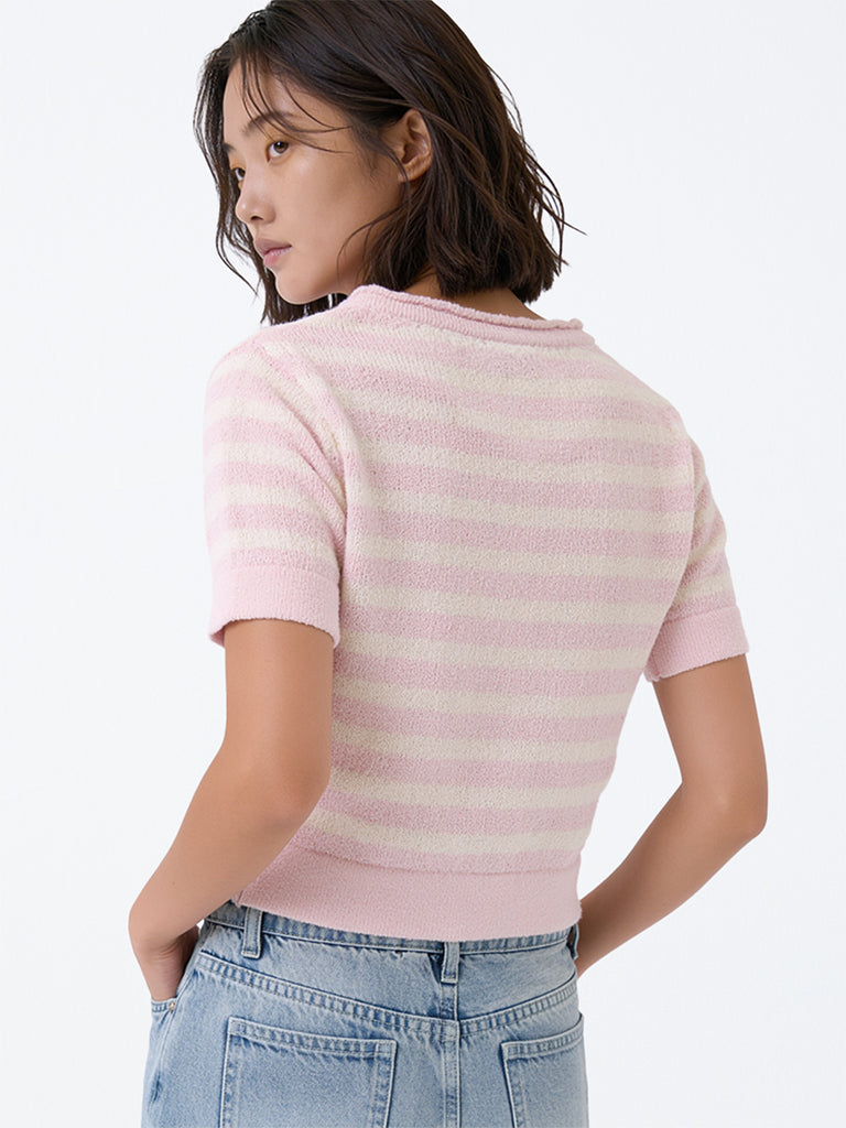 Girls Pink Striped Knitted Cotton-Blend T-Shirt