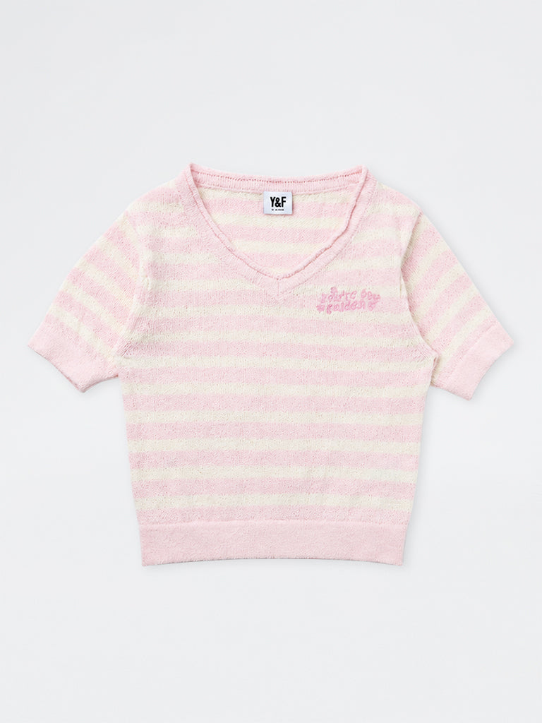 Girls Pink Striped Knitted Cotton-Blend T-Shirt