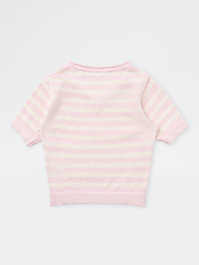 Girls Pink Striped Knitted Cotton-Blend T-Shirt