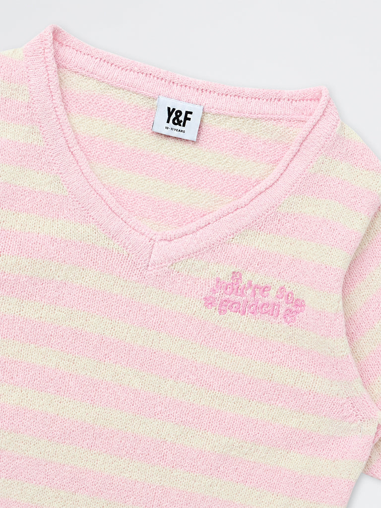 Girls Pink Striped Knitted Cotton-Blend T-Shirt