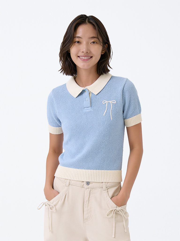 Y&F Kids Girls Light Blue Bow-Detail Knitted Cotton-Blend Polo T-Shirt