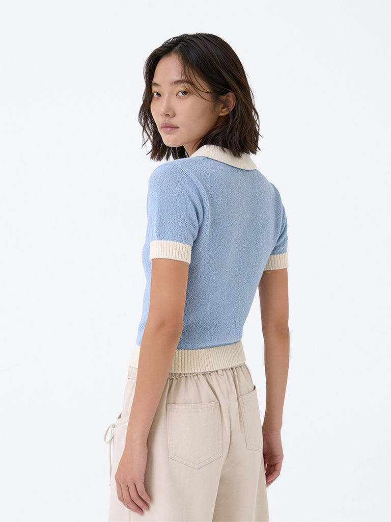 Y&F Kids Girls Light Blue Bow-Detail Knitted Cotton-Blend Polo T-Shirt