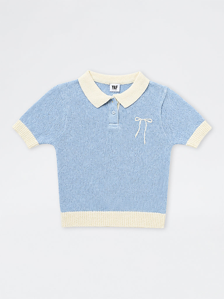 Y&F Kids Girls Light Blue Bow-Detail Knitted Cotton-Blend Polo T-Shirt