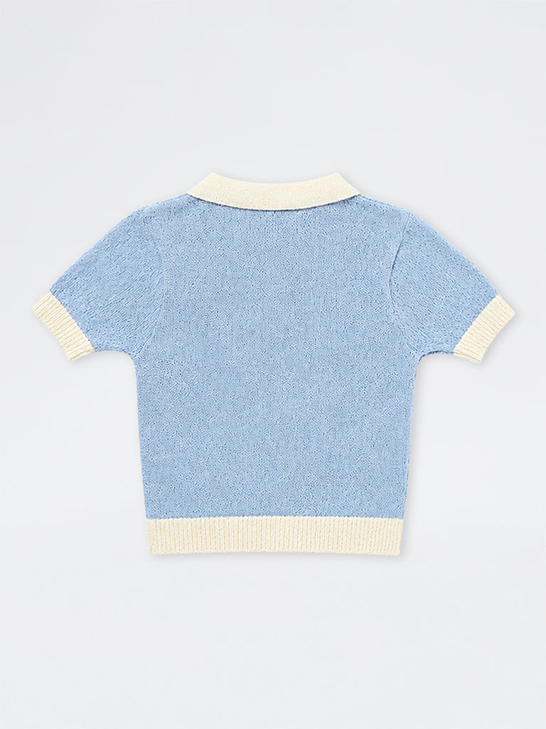 Y&F Kids Girls Light Blue Bow-Detail Knitted Cotton-Blend Polo T-Shirt