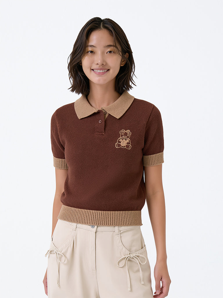 Girls Brown Teddy-Detail Knitted Cotton-Blend Polo T-Shirt