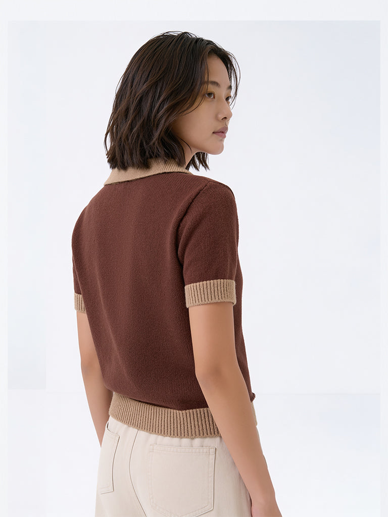 Girls Brown Teddy-Detail Knitted Cotton-Blend Polo T-Shirt