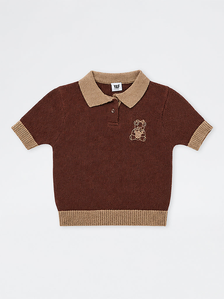 Girls Brown Teddy-Detail Knitted Cotton-Blend Polo T-Shirt