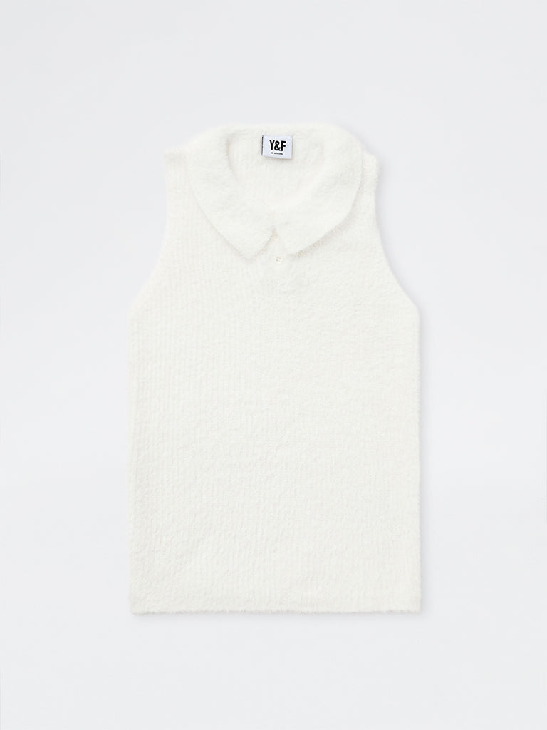 Girls White Fleece-Textured Polo Sweater