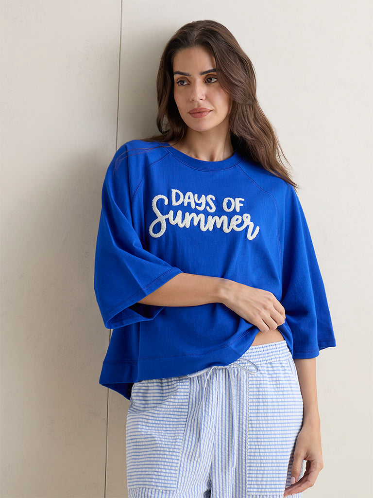 Wunderlove Blue Text Embroidered T-Shirt
