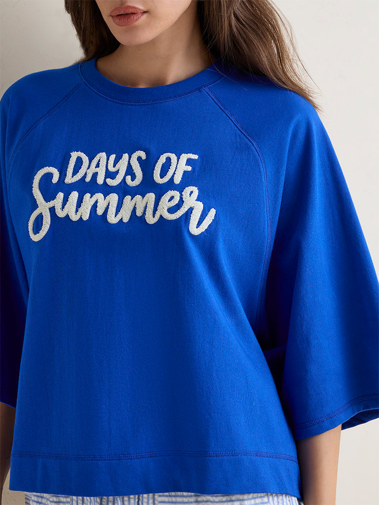 Wunderlove Blue Text Embroidered T-Shirt