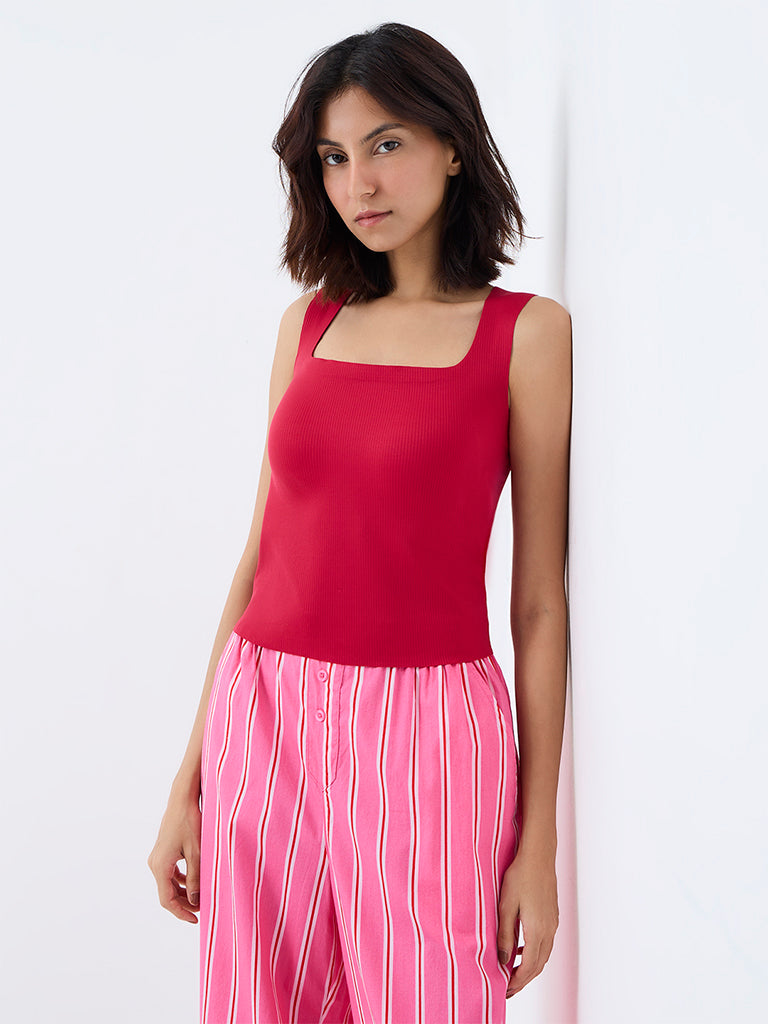 Superstar Red Self-Striped Padded Tank Top