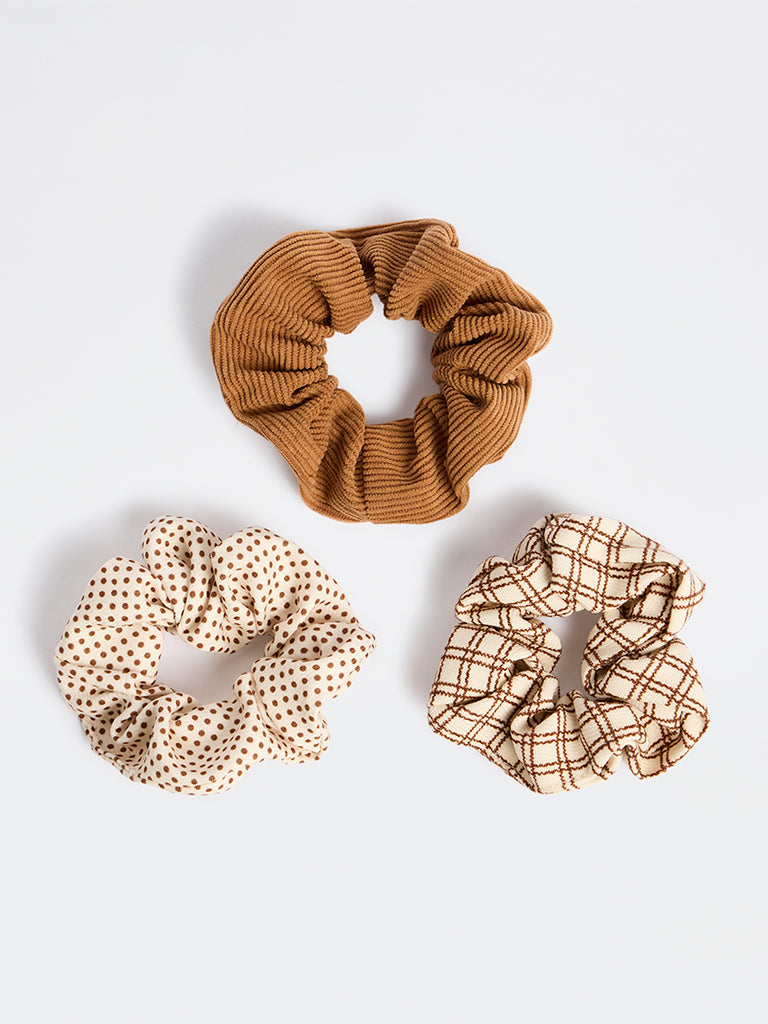 Westside Accessories Brown and Off-White Printed Hair Scrunchies - Pack of 3