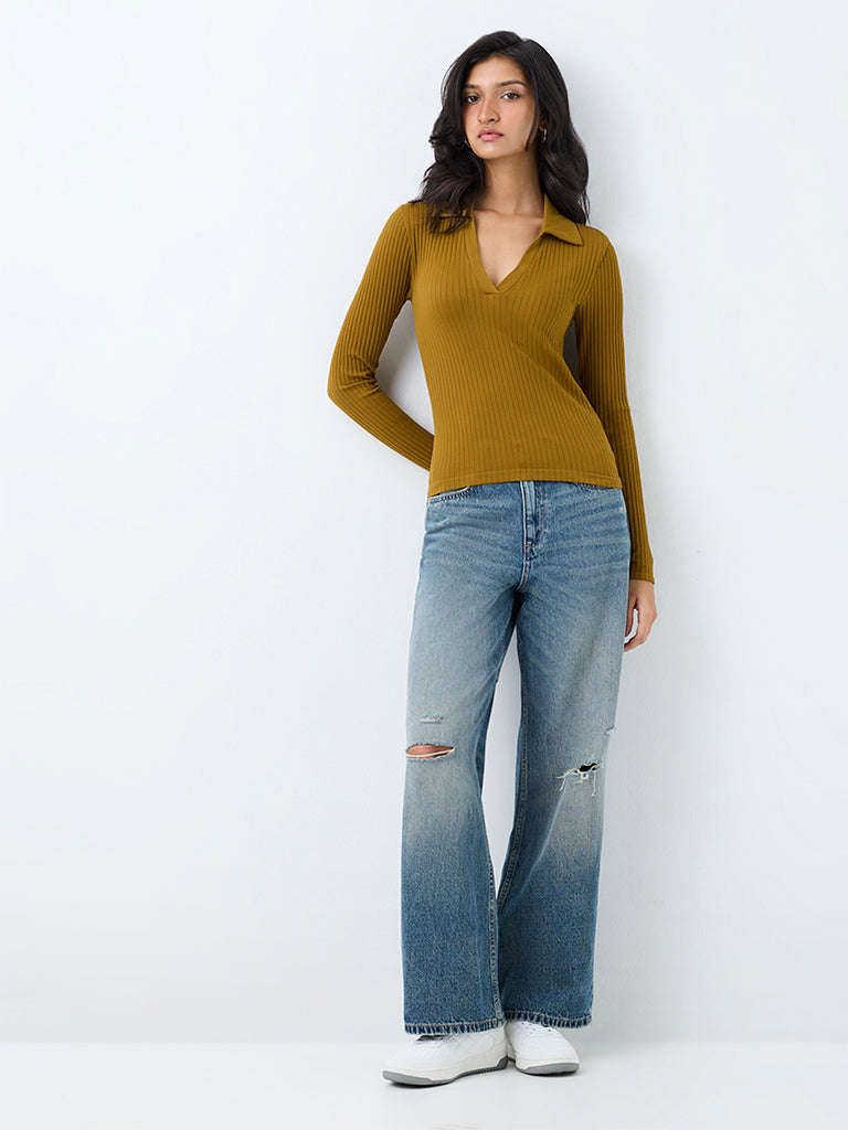 Nuon Mustard Ribbed-Textured Top