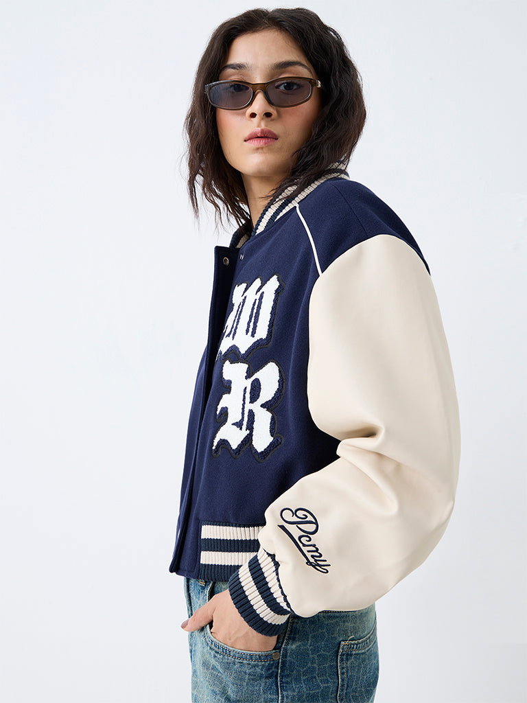 Nuon Navy Colour-Blocked Varsity Jacket
