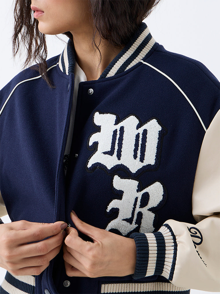 Nuon Navy Colour-Blocked Varsity Jacket