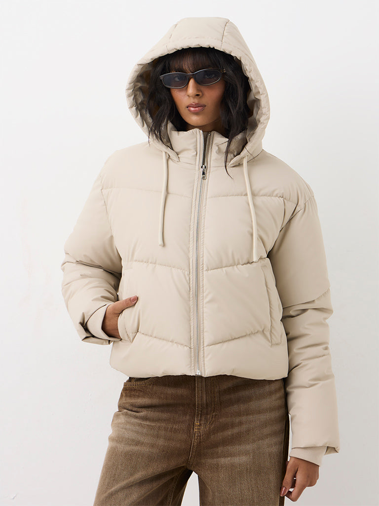 Nuon Beige Hooded Puffer Jacket