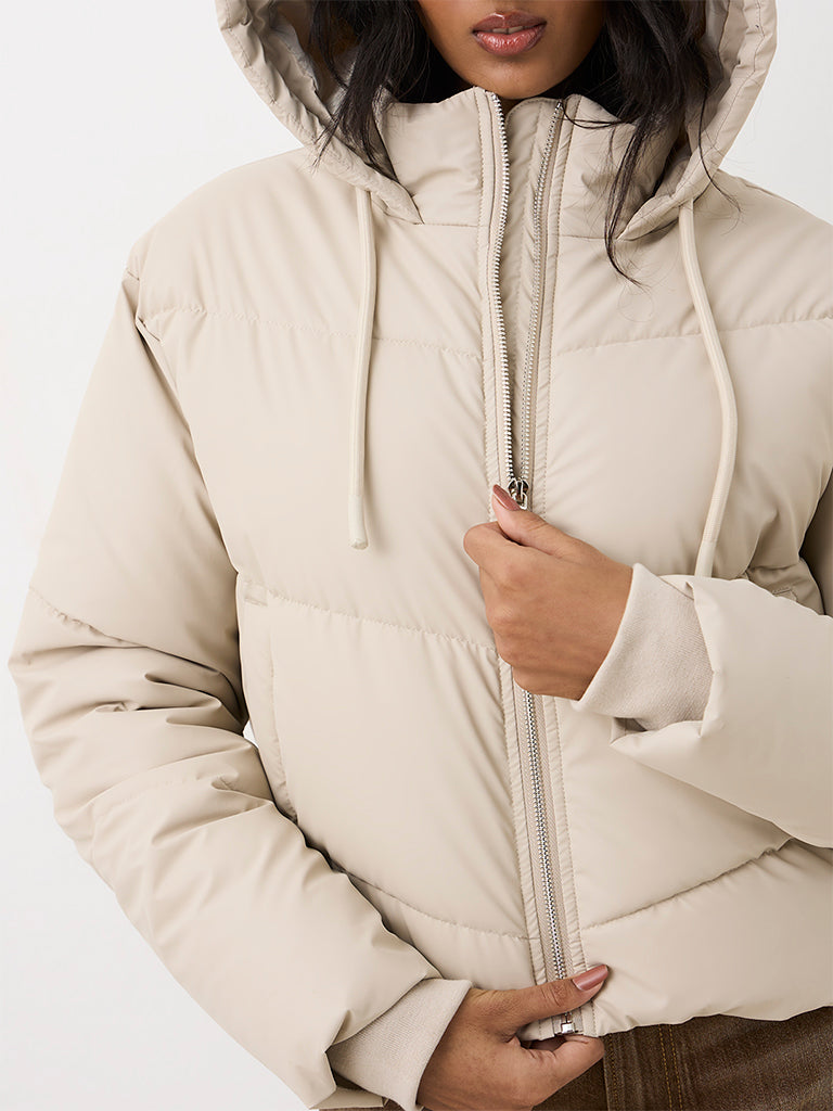 Nuon Beige Hooded Puffer Jacket