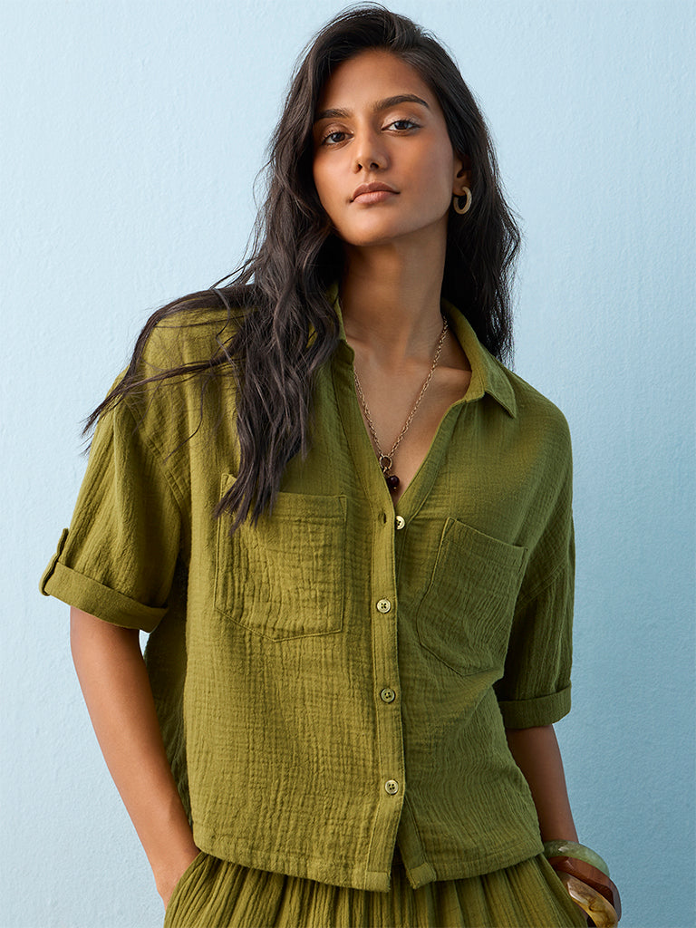 LOV Olive Crinkle-Textured Cotton Blouse
