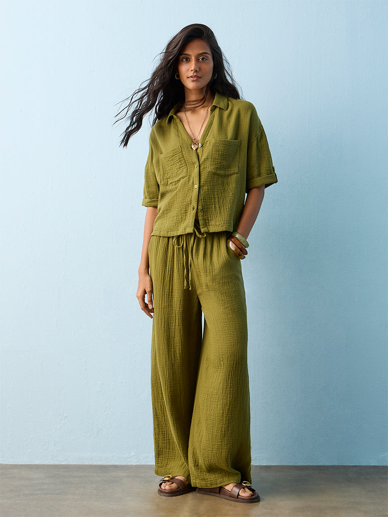 LOV Olive Crinkle-Textured Cotton Blouse