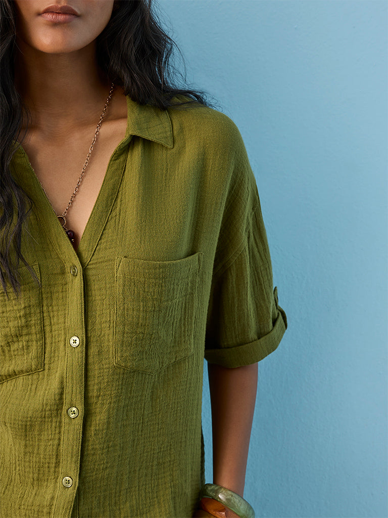LOV Olive Crinkle-Textured Cotton Blouse