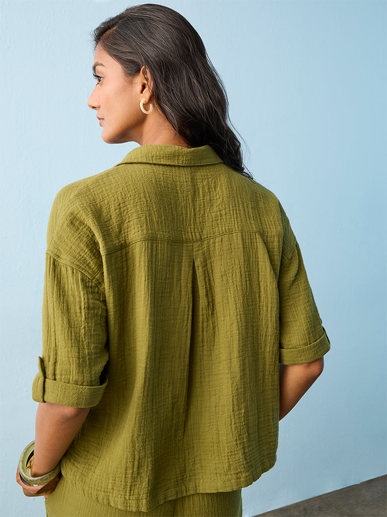 LOV Olive Crinkle-Textured Cotton Blouse