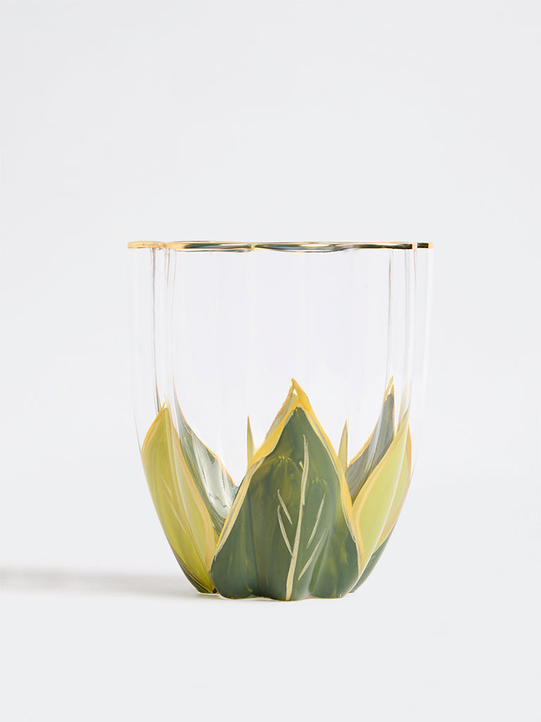 Westside Home Green Leaf Design Hand Painted Water Glass