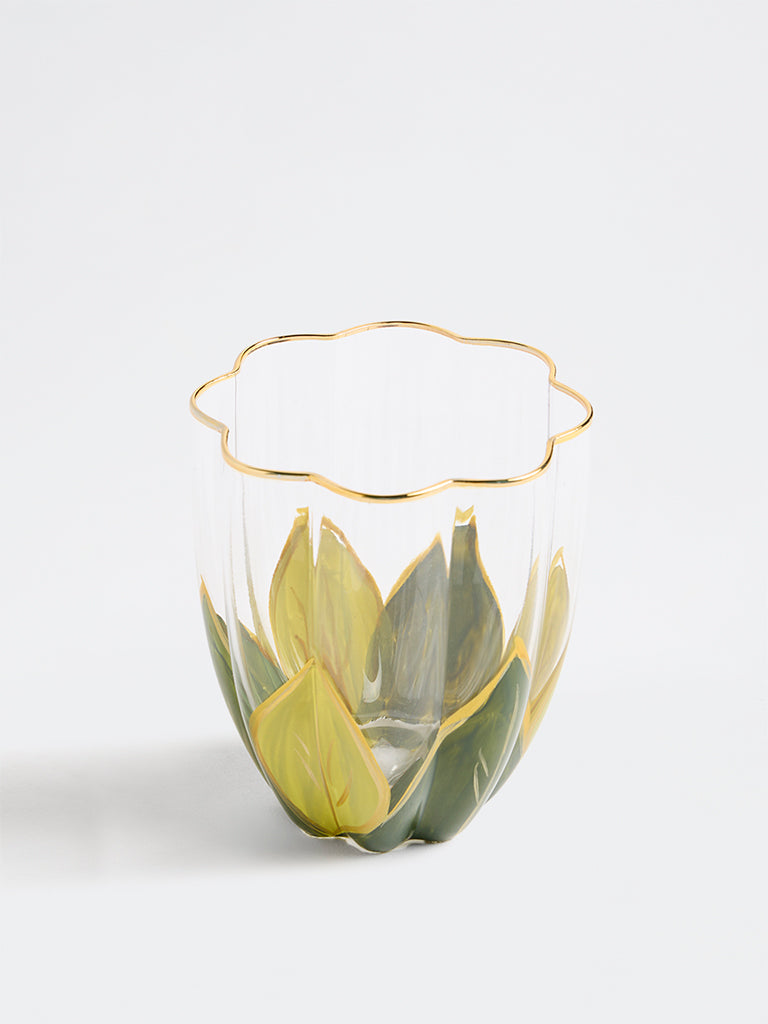Westside Home Green Leaf Design Hand Painted Water Glass