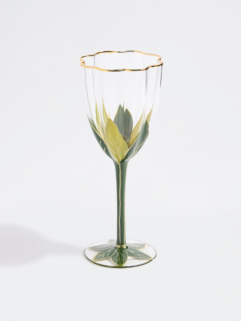 Westside Home Green Leaf Design Hand Painted Wine Glass
