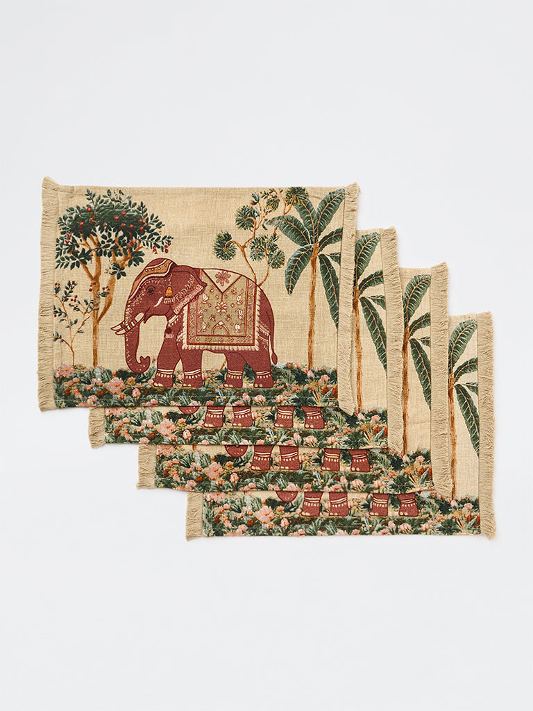 Westside Home Beige Heritage Elephant Printed Placemats - Pack of 4