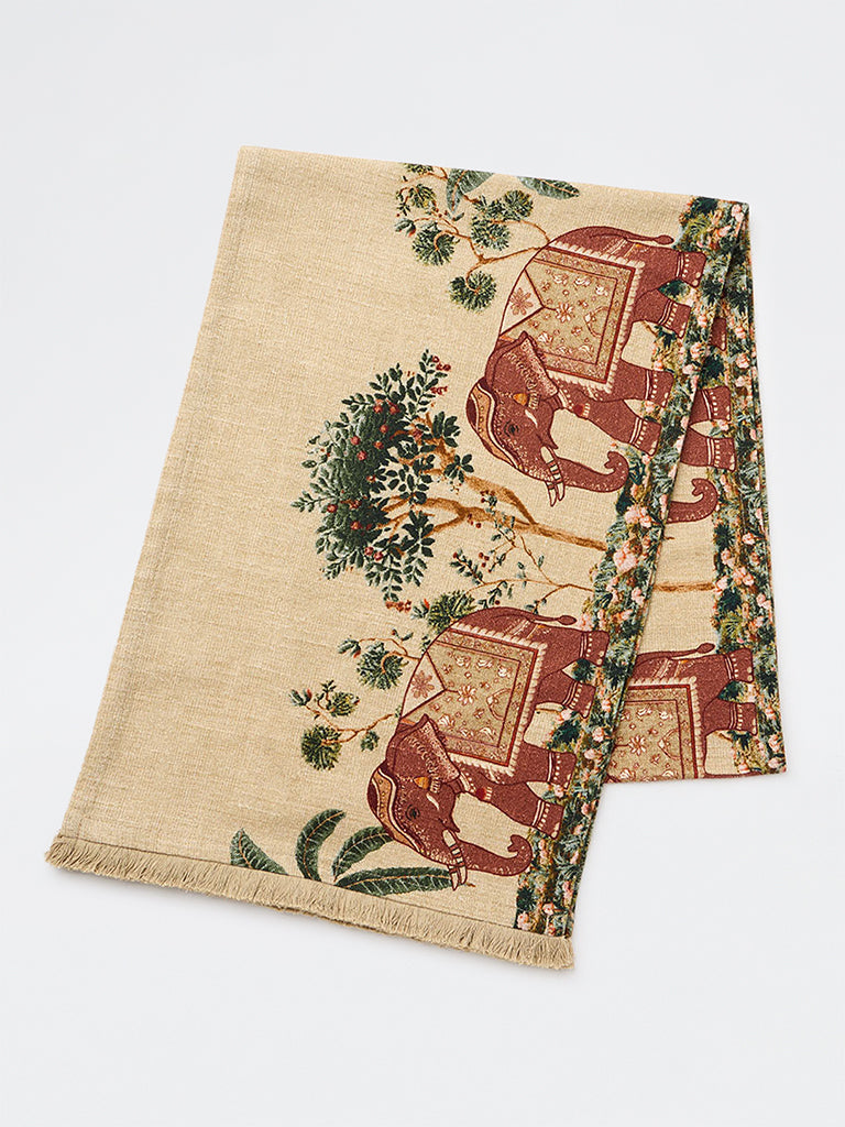 Westside Home Beige Heritage Elephant Printed Tapestry Table Runner