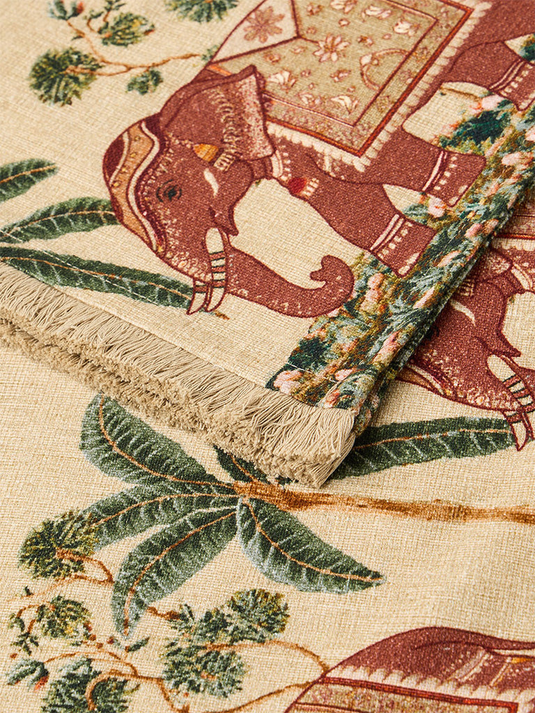 Westside Home Beige Heritage Elephant Printed Tapestry Table Runner