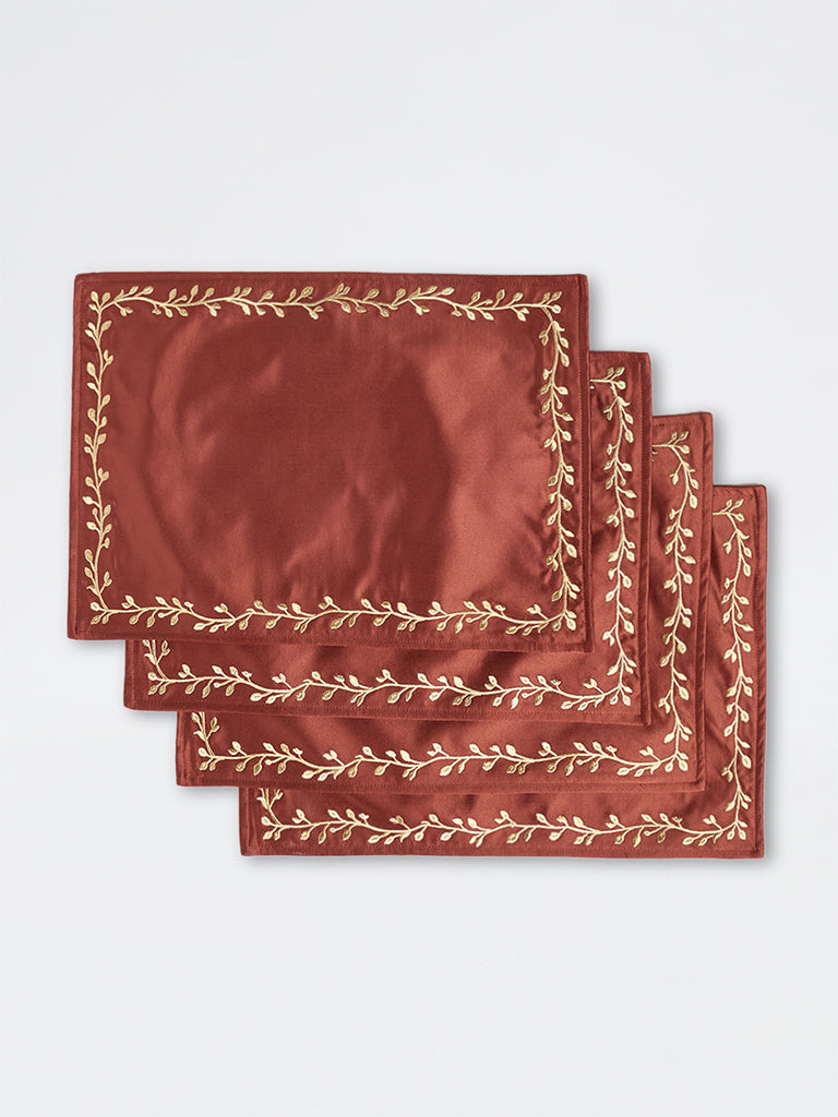Westside Home Rust Botanical Embroidered Satin Placemats - Pack of 4
