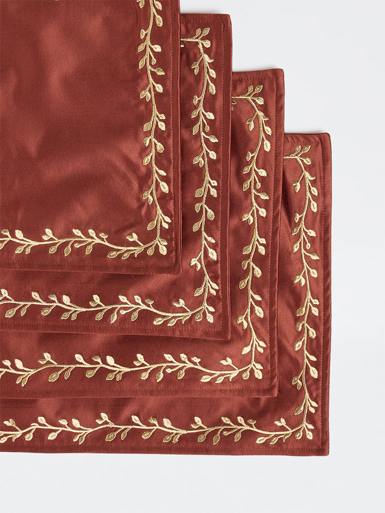 Westside Home Rust Botanical Embroidered Satin Placemats - Pack of 4