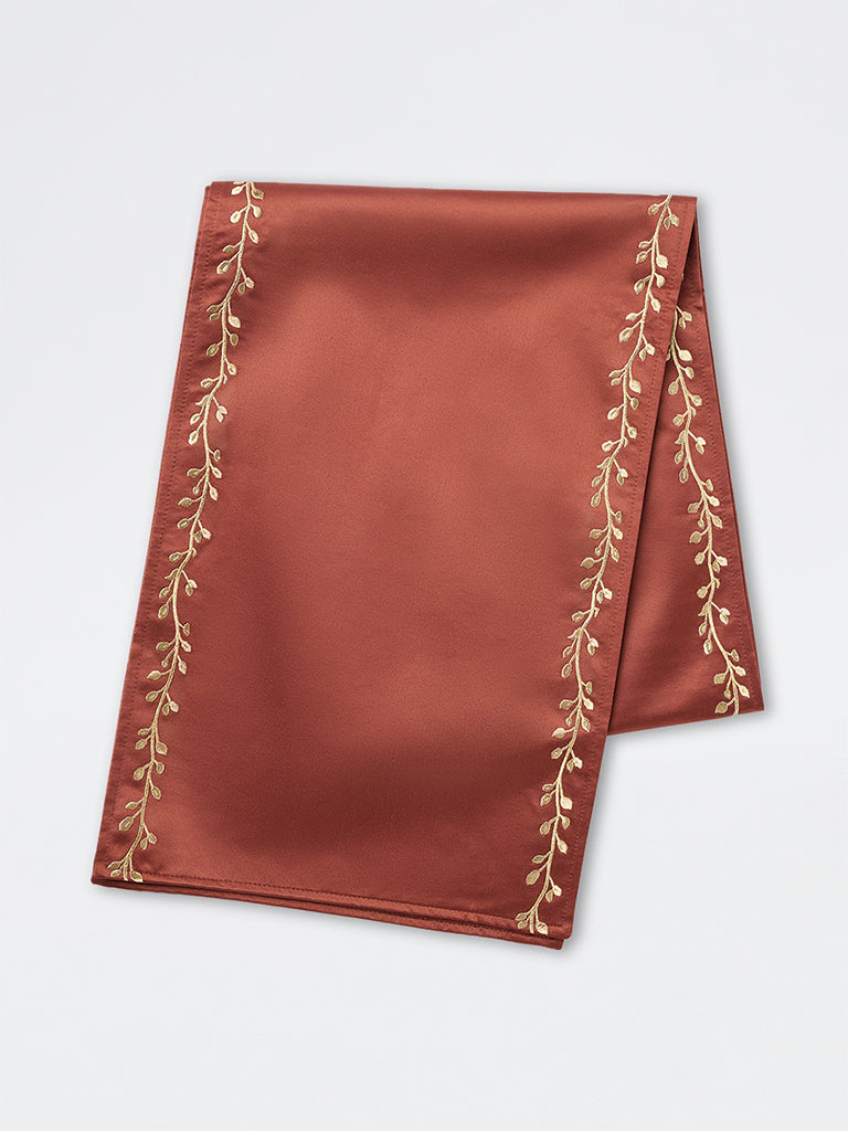 Westside Home Rust Botanical Embroidered Satin Table Runner