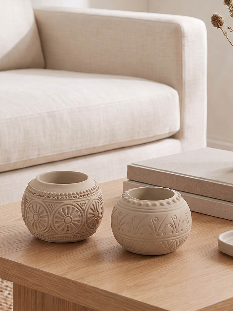Westside Home Beige Carved Tealight Candle Holders - Set of 2