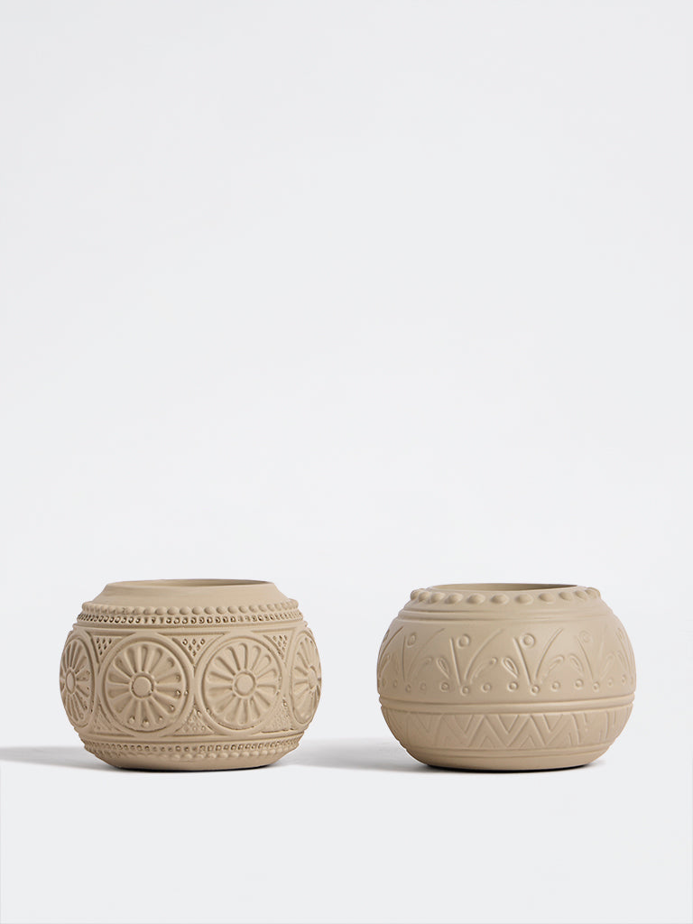 Westside Home Beige Carved Tealight Candle Holders - Set of 2