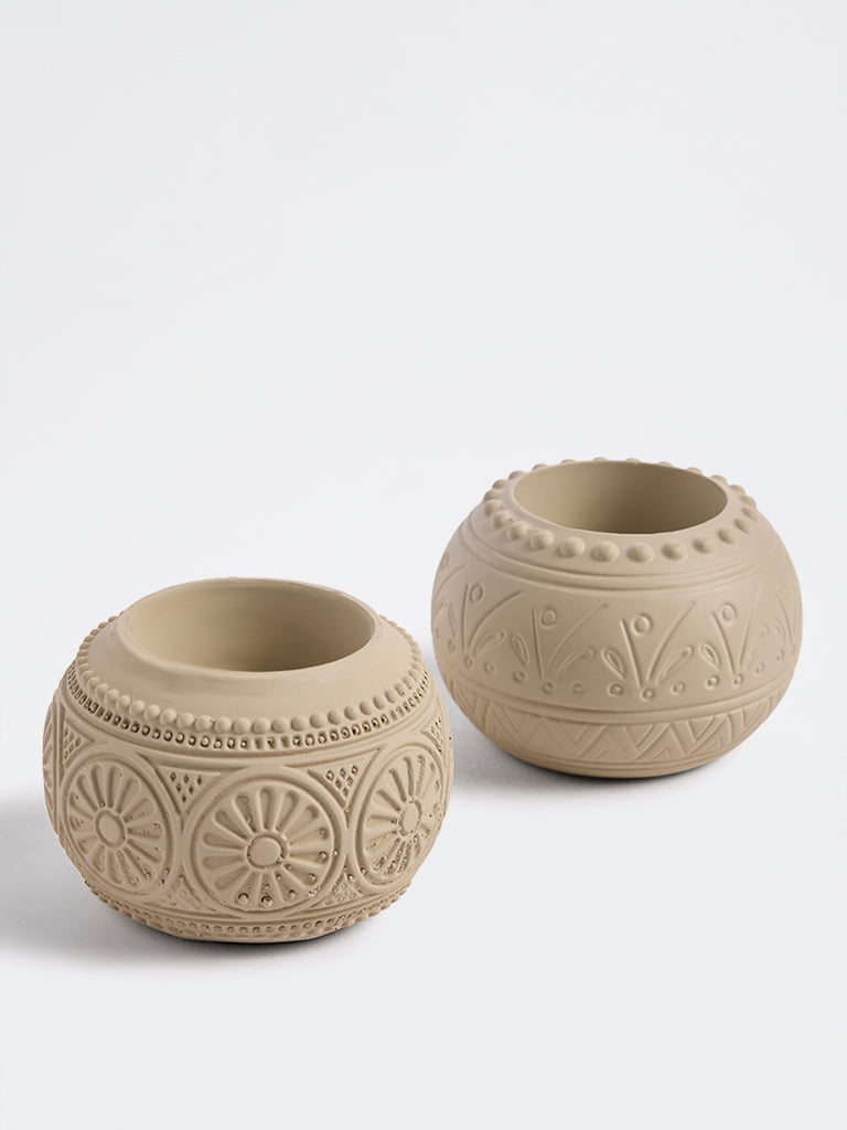 Westside Home Beige Carved Tealight Candle Holders - Set of 2
