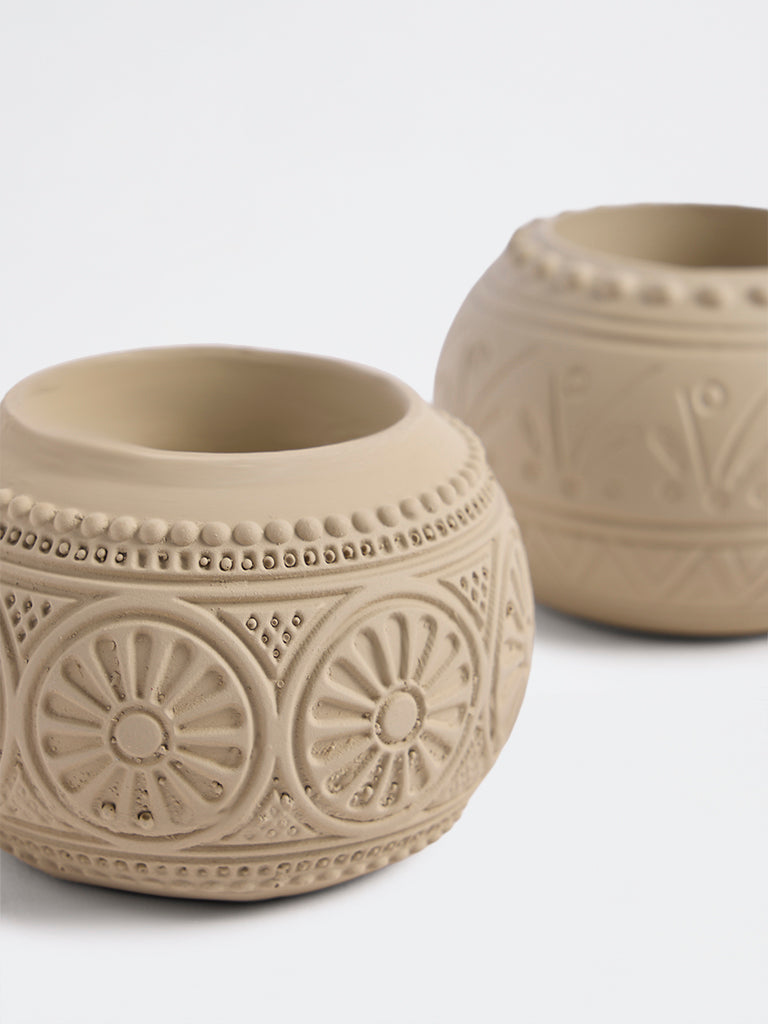 Westside Home Beige Carved Tealight Candle Holders - Set of 2