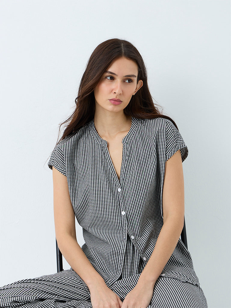 Wunderlove Black Gingham Checkered Cotton-Blend Shirt and Pyjamas Set