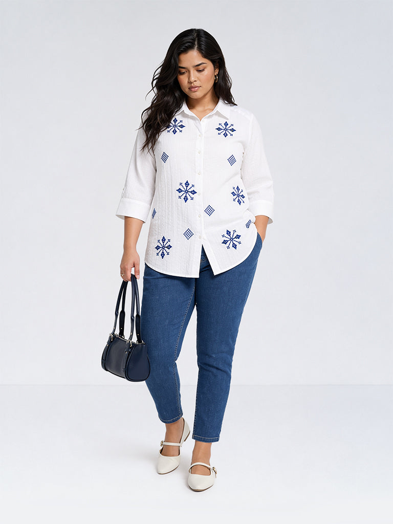Gia White Sequin Embellished Cotton Shirt