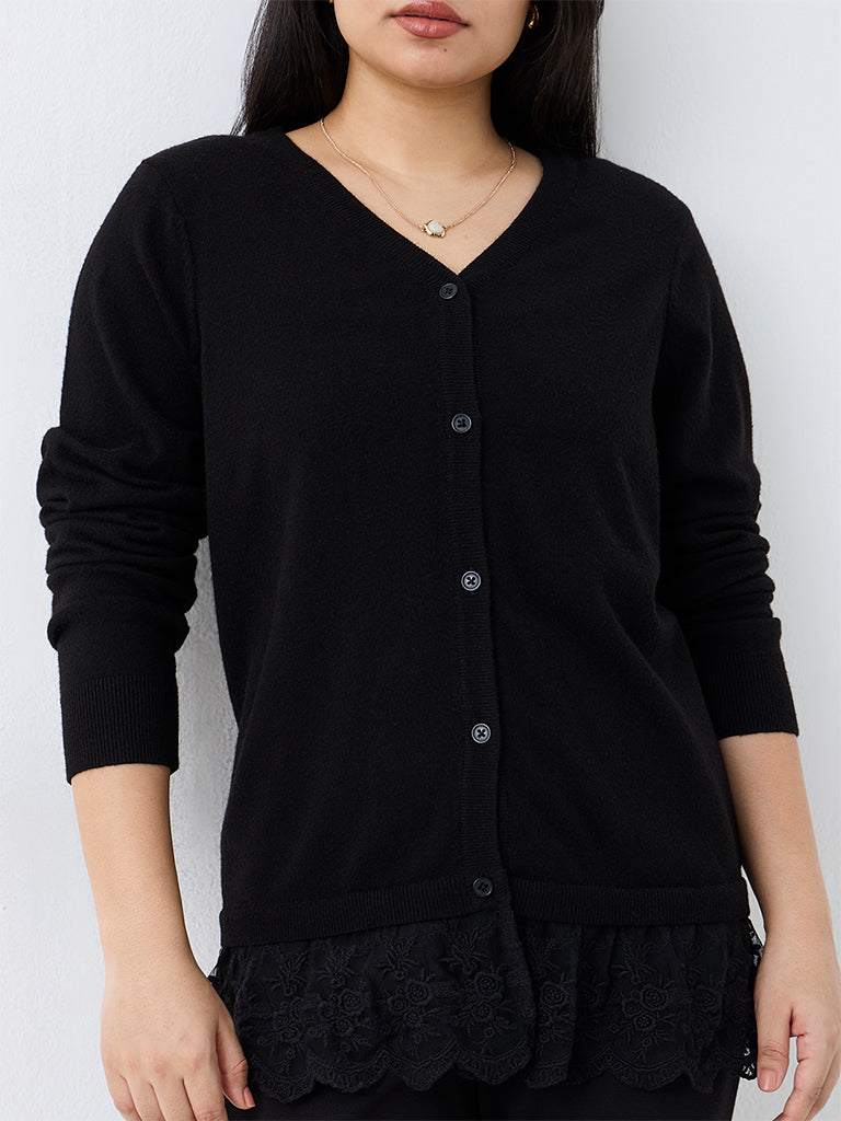 Gia Black Lace-Detail Cardigan