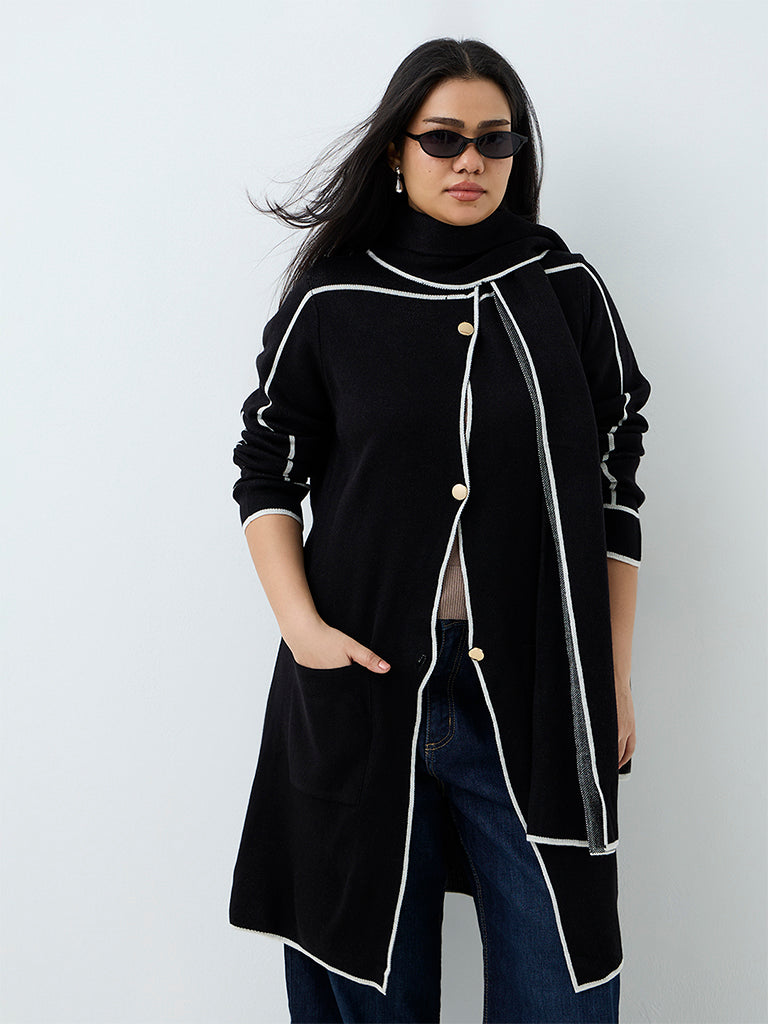 Gia Black Scarf-Design Longline Knitted Cardigan