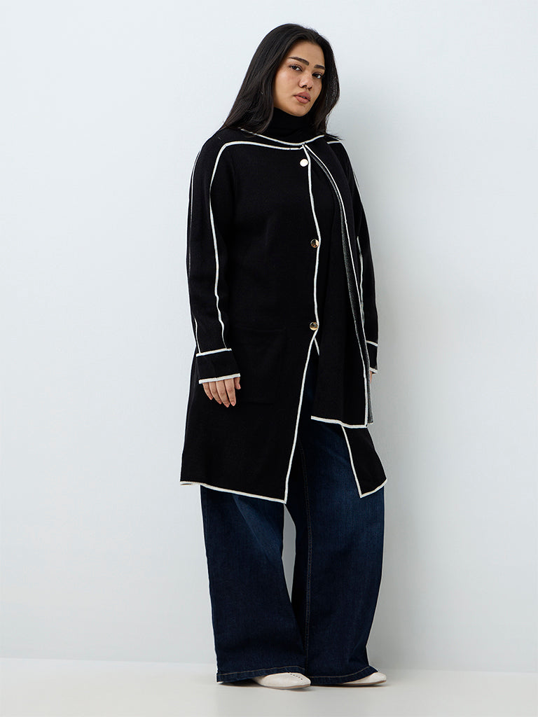 Gia Black Scarf-Design Longline Knitted Cardigan