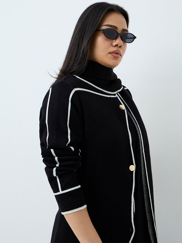 Gia Black Scarf-Design Longline Knitted Cardigan