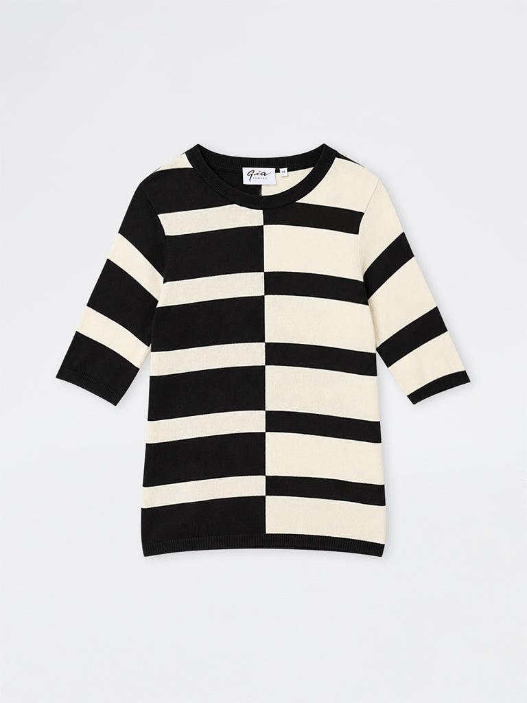 Gia Black and Off-White Colour-Blocked Striped Sweater