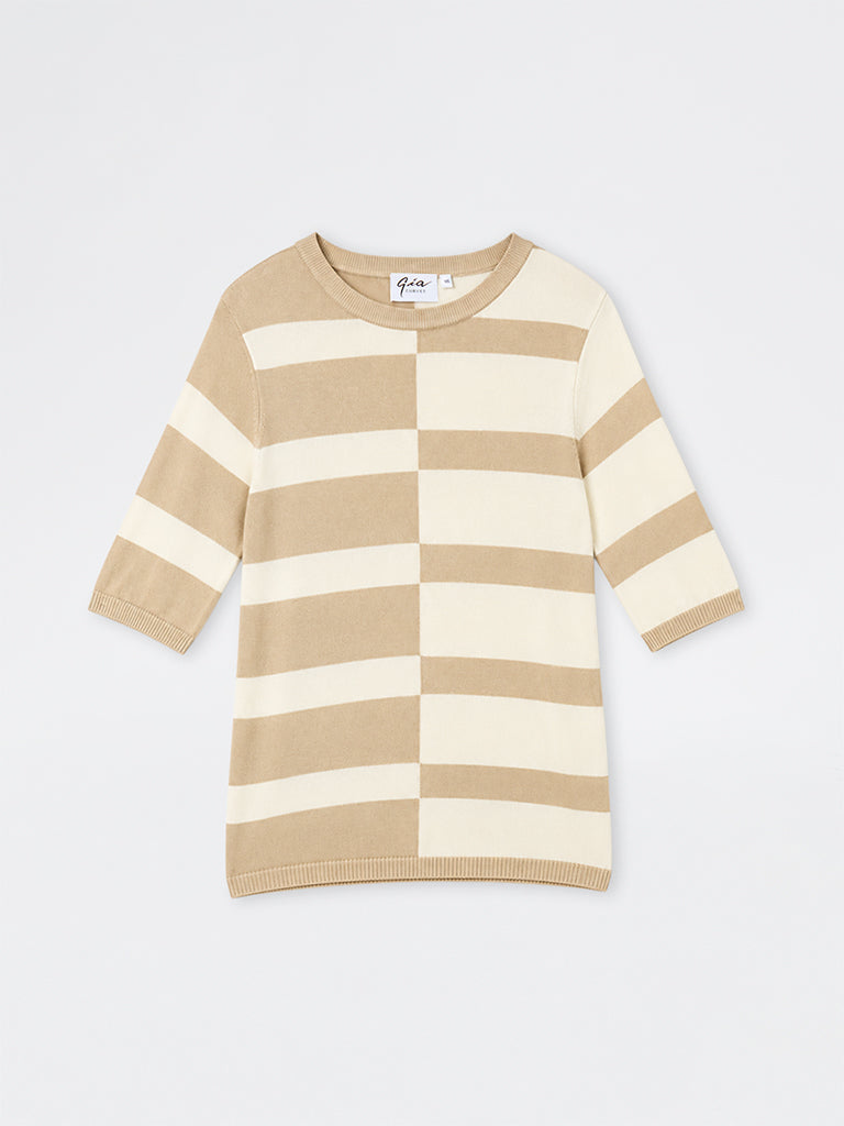Gia Beige and Cream Colour-Blocked Striped Sweater