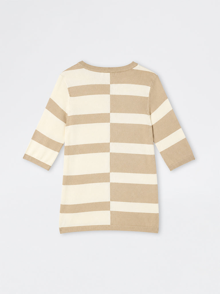 Gia Beige and Cream Colour-Blocked Striped Sweater